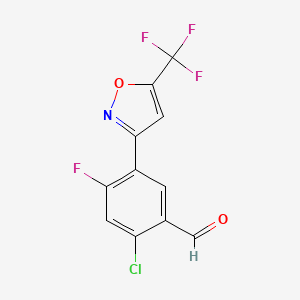 molecular formula C11H4ClF4NO2 B12888599 Benzaldehyde, 2-chloro-4-fluoro-5-[5-(trifluoromethyl)-3-isoxazolyl]- CAS No. 653570-04-8