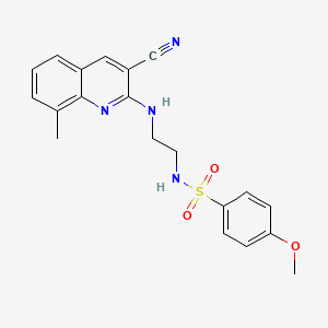 molecular formula C20H20N4O3S B12889298 N-(2-((3-Cyano-8-methylquinolin-2-yl)amino)ethyl)-4-methoxybenzenesulfonamide CAS No. 606105-24-2