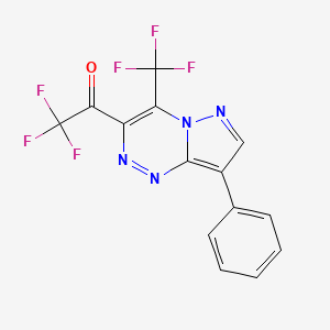 molecular formula C14H6F6N4O B12895769 Ethanone, 1-(8-phenyl-4-(trifluoromethyl)pyrazolo(5,1-c)(1,2,4)triazin-3-yl)-2,2,2-trifluoro- CAS No. 72307-45-0