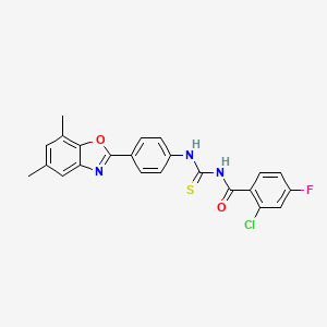molecular formula C23H17ClFN3O2S B12897599 Benzamide, 2-chloro-N-[[[4-(5,7-dimethyl-2-benzoxazolyl)phenyl]amino]thioxomethyl]-4-fluoro- CAS No. 593238-86-9