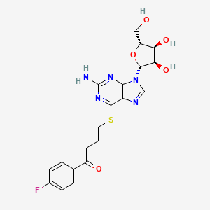 molecular formula C20H22FN5O5S B12900338 4-((2-Amino-9-((2R,3R,4S,5R)-3,4-dihydroxy-5-(hydroxymethyl)tetrahydrofuran-2-yl)-9H-purin-6-yl)thio)-1-(4-fluorophenyl)butan-1-one 