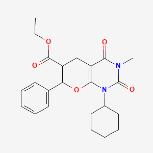 molecular formula C23H28N2O5 B12903182 Ethyl 1-cyclohexyl-3-methyl-2,4-dioxo-7-phenyl-1,3,4,5,6,7-hexahydro-2H-pyrano[2,3-d]pyrimidine-6-carboxylate CAS No. 69310-78-7