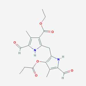molecular formula C19H22N2O6 B12904145 Ethyl 5-formyl-2-{[5-formyl-4-methyl-3-(propanoyloxy)-1h-pyrrol-2-yl]methyl}-4-methyl-1h-pyrrole-3-carboxylate CAS No. 6339-67-9