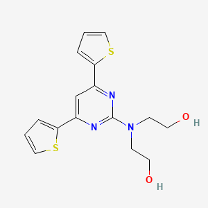 molecular formula C16H17N3O2S2 B12904357 Ethanol, 2,2'-((4,6-di-2-thienyl-2-pyrimidinyl)imino)bis- CAS No. 124959-57-5