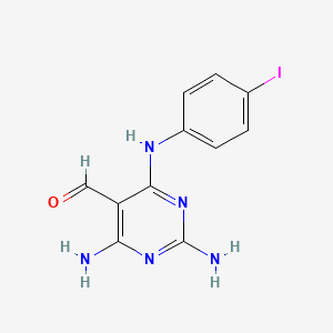 molecular formula C11H10IN5O B12913850 2,4-Diamino-6-[(4-iodophenyl)amino]pyrimidine-5-carbaldehyde CAS No. 16597-44-7
