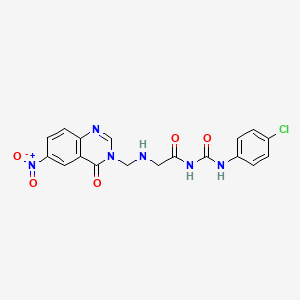 molecular formula C18H15ClN6O5 B12920873 Acetamide, N-(((4-chlorophenyl)amino)carbonyl)-2-(((6-nitro-4-oxo-3(4H)-quinazolinyl)methyl)amino)- CAS No. 76979-57-2