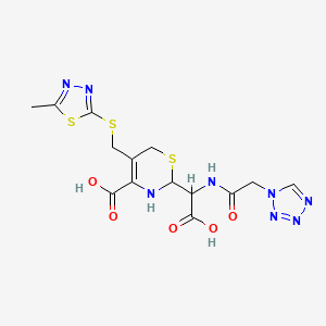 molecular formula C14H16N8O5S3 B12924364 2-[carboxy-[[2-(tetrazol-1-yl)acetyl]amino]methyl]-5-[(5-methyl-1,3,4-thiadiazol-2-yl)sulfanylmethyl]-3,6-dihydro-2H-1,3-thiazine-4-carboxylic acid 