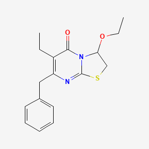 molecular formula C17H20N2O2S B12926727 5H-Thiazolo(3,2-a)pyrimidin-5-one, 3-ethoxy-6-ethyl-2,3-dihydro-7-(phenylmethyl)- CAS No. 199852-32-9