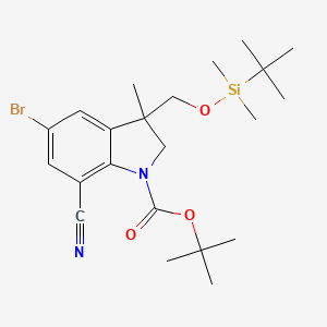 molecular formula C22H33BrN2O3Si B12930961 tert-Butyl 5-bromo-3-(((tert-butyldimethylsilyl)oxy)methyl)-7-cyano-3-methylindoline-1-carboxylate 