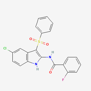 molecular formula C21H14ClFN2O3S B12932329 N-[3-(Benzenesulfonyl)-5-chloro-1H-indol-2-yl]-2-fluorobenzamide CAS No. 918493-43-3