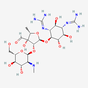 molecular formula C21H39N7O12 B12935069 1,1'-((1S,2S,3R,4S,5S,6R)-4-(((2R,3R,4R,5S)-3-(((2S,3S,4S,5R,6S)-4,5-Dihydroxy-6-(hydroxymethyl)-3-(methylamino)tetrahydro-2H-pyran-2-yl)oxy)-4-formyl-4-hydroxy-5-methyltetrahydrofuran-2-yl)oxy)-2,5,6-trihydroxycyclohexane-1,3-diyl)diguanidine 