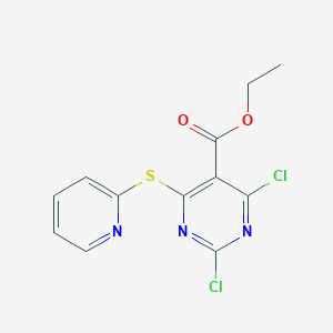 molecular formula C12H9Cl2N3O2S B12940472 Ethyl 2,4-dichloro-6-[(pyridin-2-yl)sulfanyl]pyrimidine-5-carboxylate CAS No. 87847-37-8