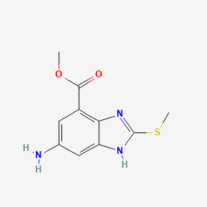 molecular formula C10H11N3O2S B12972563 Methyl 5-amino-2-(methylthio)-1H-benzo[d]imidazole-7-carboxylate 