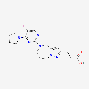 molecular formula C18H23FN6O2 B12974865 3-(5-(5-Fluoro-4-(pyrrolidin-1-yl)pyrimidin-2-yl)-5,6,7,8-tetrahydro-4H-pyrazolo[1,5-a][1,4]diazepin-2-yl)propanoic acid 