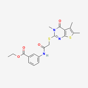 molecular formula C20H21N3O4S2 B12985253 Ethyl 3-(2-((3,5,6-trimethyl-4-oxo-3,4-dihydrothieno[2,3-d]pyrimidin-2-yl)thio)acetamido)benzoate 
