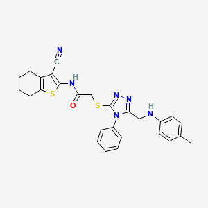 molecular formula C27H26N6OS2 B12985837 N-(3-Cyano-4,5,6,7-tetrahydrobenzo[b]thiophen-2-yl)-2-((4-phenyl-5-((p-tolylamino)methyl)-4H-1,2,4-triazol-3-yl)thio)acetamide 