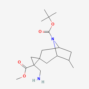 molecular formula C18H30N2O4 B12987352 8-(tert-Butyl) 2'-methyl 2'-(aminomethyl)-6-methyl-8-azaspiro[bicyclo[3.2.1]octane-3,1'-cyclopropane]-2',8-dicarboxylate 
