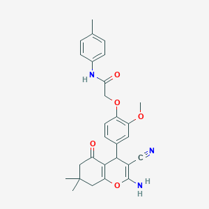 molecular formula C28H29N3O5 B12987680 2-(4-(2-Amino-3-cyano-7,7-dimethyl-5-oxo-5,6,7,8-tetrahydro-4H-chromen-4-yl)-2-methoxyphenoxy)-N-(p-tolyl)acetamide 