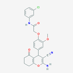 molecular formula C25H22ClN3O5 B12987932 2-(4-(2-Amino-3-cyano-5-oxo-5,6,7,8-tetrahydro-4H-chromen-4-yl)-2-methoxyphenoxy)-N-(3-chlorophenyl)acetamide 