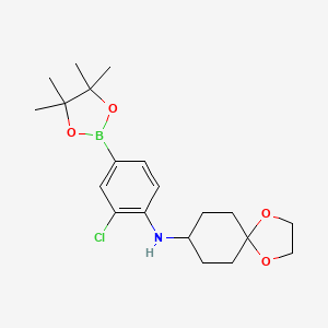 molecular formula C20H29BClNO4 B12989824 N-(2-chloro-4-(4,4,5,5-tetramethyl-1,3,2-dioxaborolan-2-yl)phenyl)-1,4-dioxaspiro[4.5]decan-8-amine 