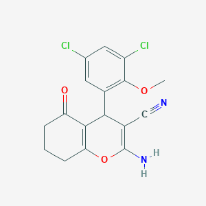 molecular formula C17H14Cl2N2O3 B12989897 2-Amino-4-(3,5-dichloro-2-methoxyphenyl)-5-oxo-5,6,7,8-tetrahydro-4H-chromene-3-carbonitrile 