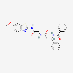 molecular formula C26H24N4O4S B12991667 N-(3-((2-((6-Methoxybenzo[d]thiazol-2-yl)amino)-2-oxoethyl)amino)-3-oxo-1-phenylpropyl)benzamide 