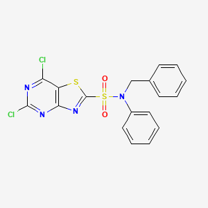 molecular formula C18H12Cl2N4O2S2 B12991744 N-Benzyl-5,7-dichloro-N-phenylthiazolo[4,5-d]pyrimidine-2-sulfonamide 