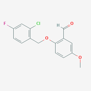 molecular formula C15H12ClFO3 B12995275 2-((2-Chloro-4-fluorobenzyl)oxy)-5-methoxybenzaldehyde 