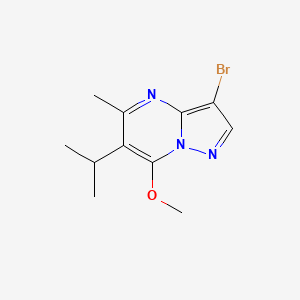 molecular formula C11H14BrN3O B13011716 3-Bromo-7-methoxy-5-methyl-6-(propan-2-yl)pyrazolo[1,5-a]pyrimidine 