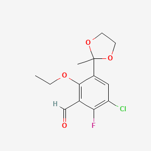 molecular formula C13H14ClFO4 B13018858 3-Chloro-6-ethoxy-2-fluoro-5-(2-methyl-1,3-dioxolan-2-yl)benzaldehyde 