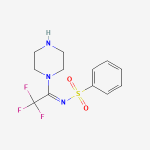 molecular formula C12H14F3N3O2S B13019177 N-[(1Z)-2,2,2-trifluoro-1-(piperazin-1-yl)ethylidene]benzenesulfonamide 