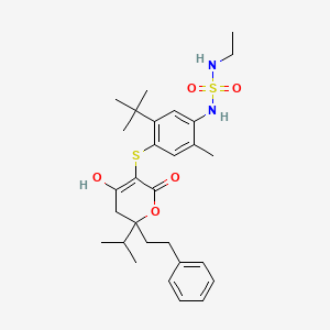 molecular formula C29H40N2O5S2 B13034505 n-(5-Tert-butyl-4-{[6-hydroxy-4-oxo-2-(2-phenylethyl)-2-(propan-2-yl)-3,4-dihydro-2h-pyran-5-yl]sulfanyl}-2-methylphenyl)-n'-ethylsulfuric diamide CAS No. 263843-04-5
