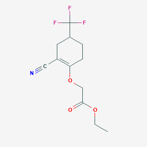 molecular formula C12H14F3NO3 B13045156 Ethyl 2-((2-cyano-4-(trifluoromethyl)cyclohex-1-EN-1-YL)oxy)acetate 