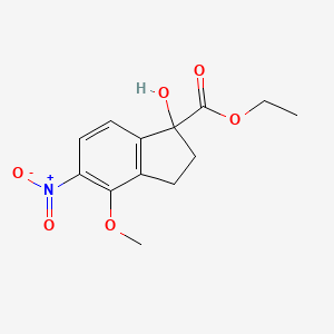 molecular formula C13H15NO6 B13050626 ethyl 1-hydroxy-4-methoxy-5-nitro-2,3-dihydro-1H-indene-1-carboxylate 