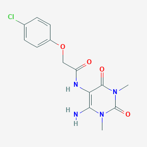 molecular formula C14H15ClN4O4 B130544 Acetamide, N-(4-amino-1,2,3,6-tetrahydro-1,3-dimethyl-2,6-dioxo-5-pyrimidinyl)-2-(4-chlorophenoxy)- CAS No. 142943-51-9