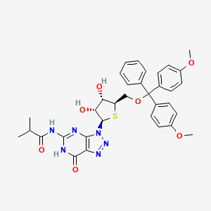 molecular formula C34H36N6O7S B13056290 N-(3-((2R,3R,4S,5R)-5-((Bis(4-methoxyphenyl)(phenyl)methoxy)methyl)-3,4-dihydroxytetrahydrothiophen-2-YL)-7-oxo-6,7-dihydro-3H-[1,2,3]triazolo[4,5-D]pyrimidin-5-YL)isobutyramide 