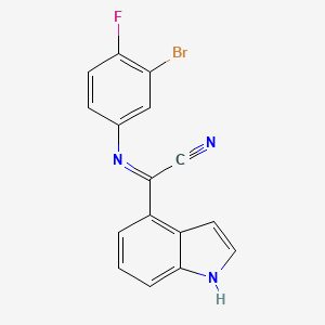 molecular formula C16H9BrFN3 B13057379 N-(3-Bromo-4-fluorophenyl)-1H-indole-4-carbimidoyl cyanide 
