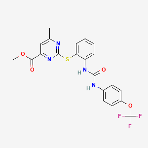 molecular formula C21H17F3N4O4S B13057579 Methyl 6-methyl-2-((2-(3-(4-(trifluoromethoxy)phenyl)ureido)phenyl)thio)pyrimidine-4-carboxylate 