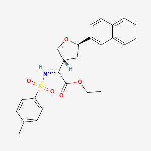 molecular formula C25H27NO5S B13058508 Ethyl (R)-2-((4-methylphenyl)sulfonamido)-2-((3R,5R)-5-(naphthalen-2-YL)tetrahydrofuran-3-YL)acetate 