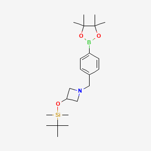 molecular formula C22H38BNO3Si B13063000 3-((tert-Butyldimethylsilyl)oxy)-1-(4-(4,4,5,5-tetramethyl-1,3,2-dioxaborolan-2-yl)benzyl)azetidine 