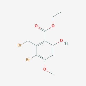 molecular formula C11H12Br2O4 B13087315 Ethyl 3-bromo-2-(bromomethyl)-6-hydroxy-4-methoxybenzoate 