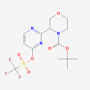 molecular formula C14H18F3N3O6S B13087648 tert-Butyl 3-(4-(((trifluoromethyl)sulfonyl)oxy)pyrimidin-2-yl)morpholine-4-carboxylate 