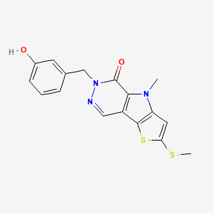 molecular formula C17H15N3O2S2 B13091886 10-[(3-hydroxyphenyl)methyl]-7-methyl-4-methylsulfanyl-3-thia-7,10,11-triazatricyclo[6.4.0.02,6]dodeca-1(8),2(6),4,11-tetraen-9-one 