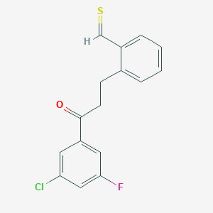 molecular formula C16H12ClFOS B13097217 2-[3-(3-Chloro-5-fluorophenyl)-3-oxopropyl]thiobenzaldehyde 
