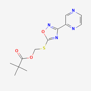 molecular formula C12H14N4O3S B13113417 Propanoic acid, 2,2-dimethyl-, ((3-pyrazinyl-1,2,4-oxadiazol-5-yl)thio)methyl ester CAS No. 345631-82-5