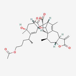 molecular formula C34H44O9 B13118208 rel-(4R)-4-((3aS,3'R,3a'S,6S,6'R,7a'S,8aR,9R,10aR)-11-Acetoxy-6'-hydroxy-5,6',9-trimethyl-3-methylene-2,2'-dioxo-3,3a,3a',4,6,6',7',7a',8,9,10,10a-dodecahydro-2H,2'H-spiro[6,8a-methanobenzo[4,5]cyclohepta[1,2-b]furan-7,3'-benzofuran]-5'-yl)pentyl acetate 