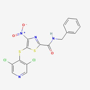 molecular formula C16H10Cl2N4O3S2 B13124139 N-Benzyl-5-((3,5-dichloropyridin-4-yl)thio)-4-nitrothiazole-2-carboxamide 