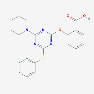 molecular formula C21H20N4O3S B13133504 2-{[4-(Phenylsulfanyl)-6-(piperidin-1-yl)-1,3,5-triazin-2-yl]oxy}benzoic acid CAS No. 63545-92-6