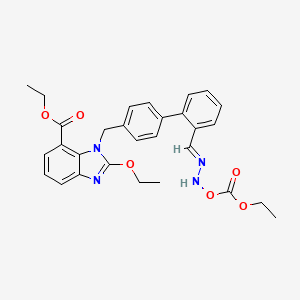 molecular formula C29H30N4O6 B13136920 Ethyl2-ethoxy-1-((2'-((2-((ethoxycarbonyl)oxy)hydrazono)methyl)-[1,1'-biphenyl]-4-yl)methyl)-1H-benzo[d]imidazole-7-carboxylate 