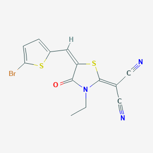 molecular formula C13H8BrN3OS2 B13143583 2-[(5E)-5-[(5-bromothiophen-2-yl)methylidene]-3-ethyl-4-oxo-1,3-thiazolidin-2-ylidene]propanedinitrile 